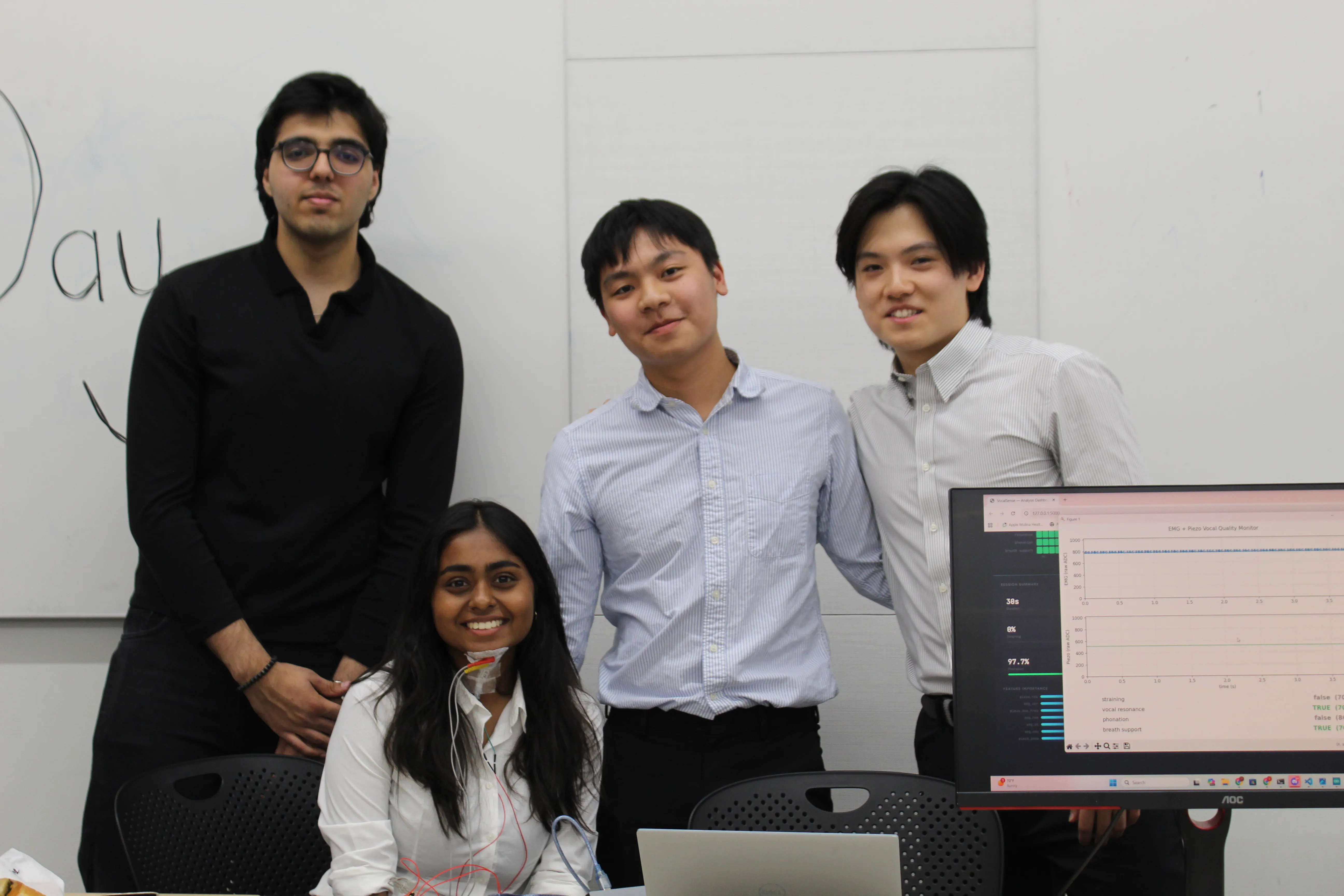 Four Vocal Sense team members by a whiteboard, one seated and wearing throat sensors, next to a monitor showing an EMG and Piezo vocal quality dashboard.